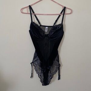 Jessica Vintage Black Velvet & Lace Sheer Teddy Bodysuit
